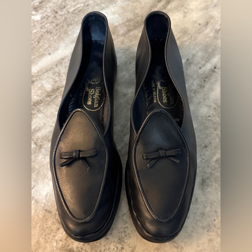 Belgian Shoes Midinette Slippers Leather All Black Calf Loafers 6 Flats $750